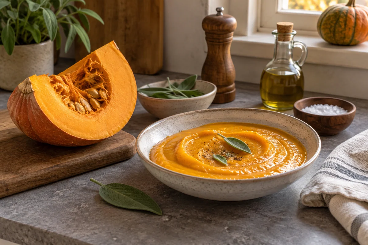 A cut cooking pumpkin wedge beside a shallow bowl of silky orange pumpkin sauce, a sage leaf on the counter and quiet autumn kitchen light.