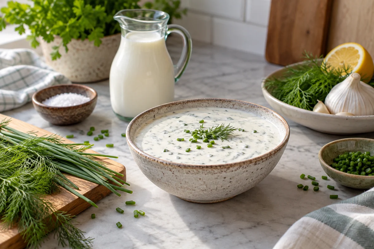 A small stoneware bowl of creamy ranch dressing with visible chive and dill flecks, fresh herbs and a modest jug of buttermilk nearby.