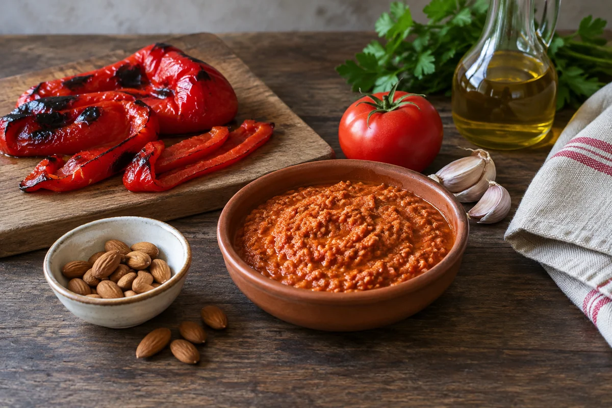 A small terracotta bowl of coarse orange-red romesco, roasted red pepper, almonds and a tomato beside it on dark wood.