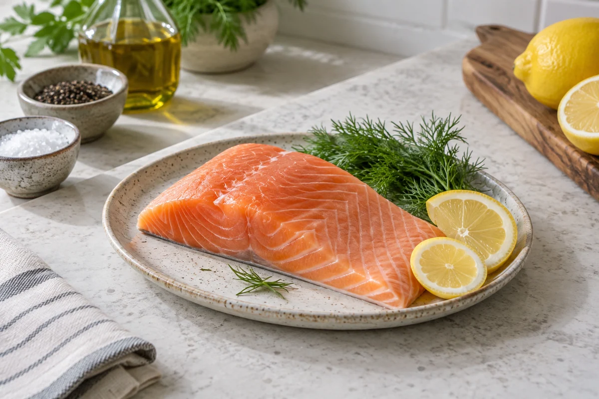 One fresh salmon fillet with visible natural fat lines on a small ceramic platter, lemon slices and dill beside it on a pale stone kitchen worktop.