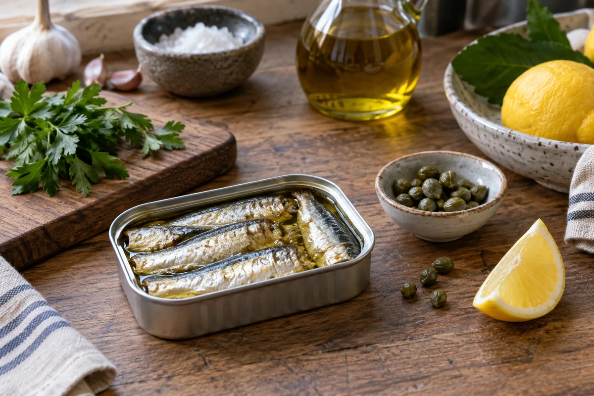 An open plain sardine tin with silver-skinned sardines in oil, a few capers and a lemon wedge on a wooden kitchen worktop, natural pantry still life, no packaging text.