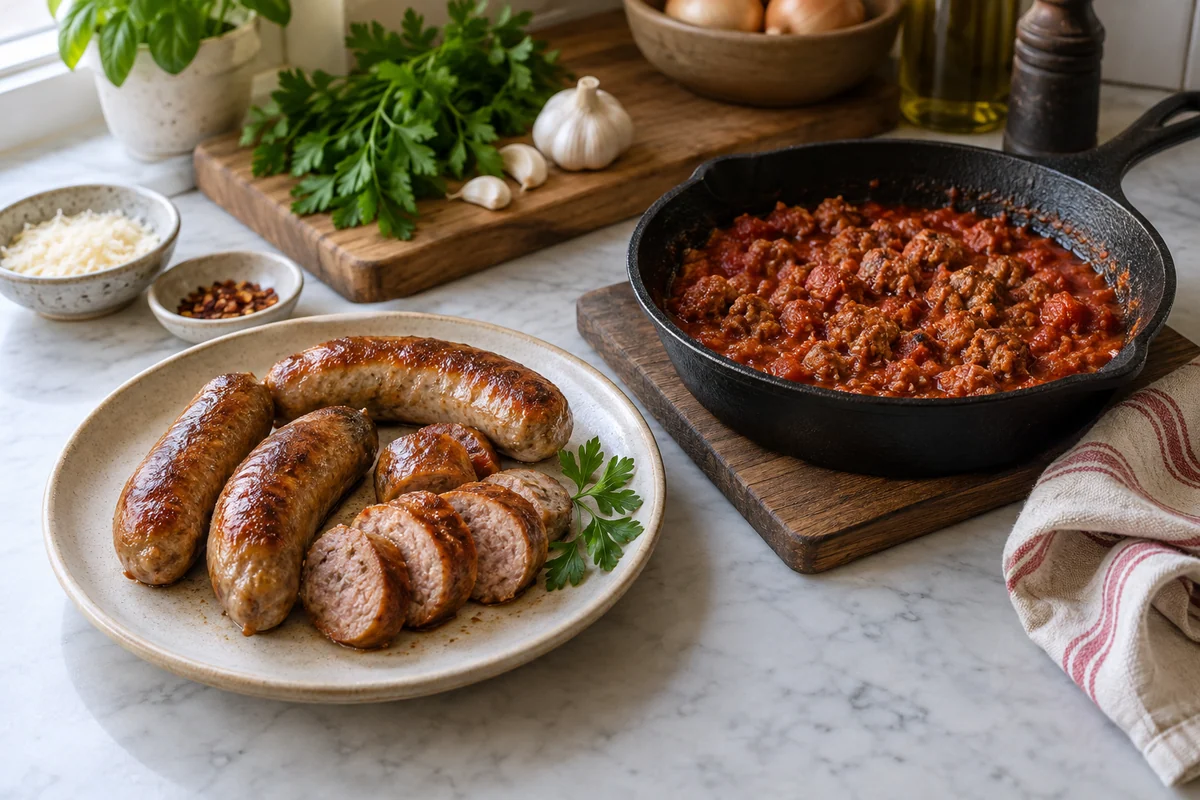 A few browned Italian sausages, one cut into thick slices, on a simple ceramic dish next to a small skillet of crumbled sausage in tomato sauce.