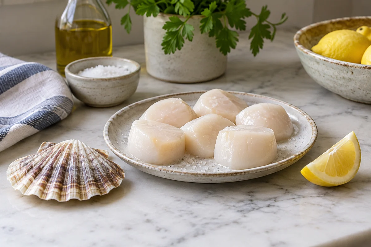 Several raw ivory sea scallops on a small ceramic platter with one scallop shell lying next to it and a lemon wedge.