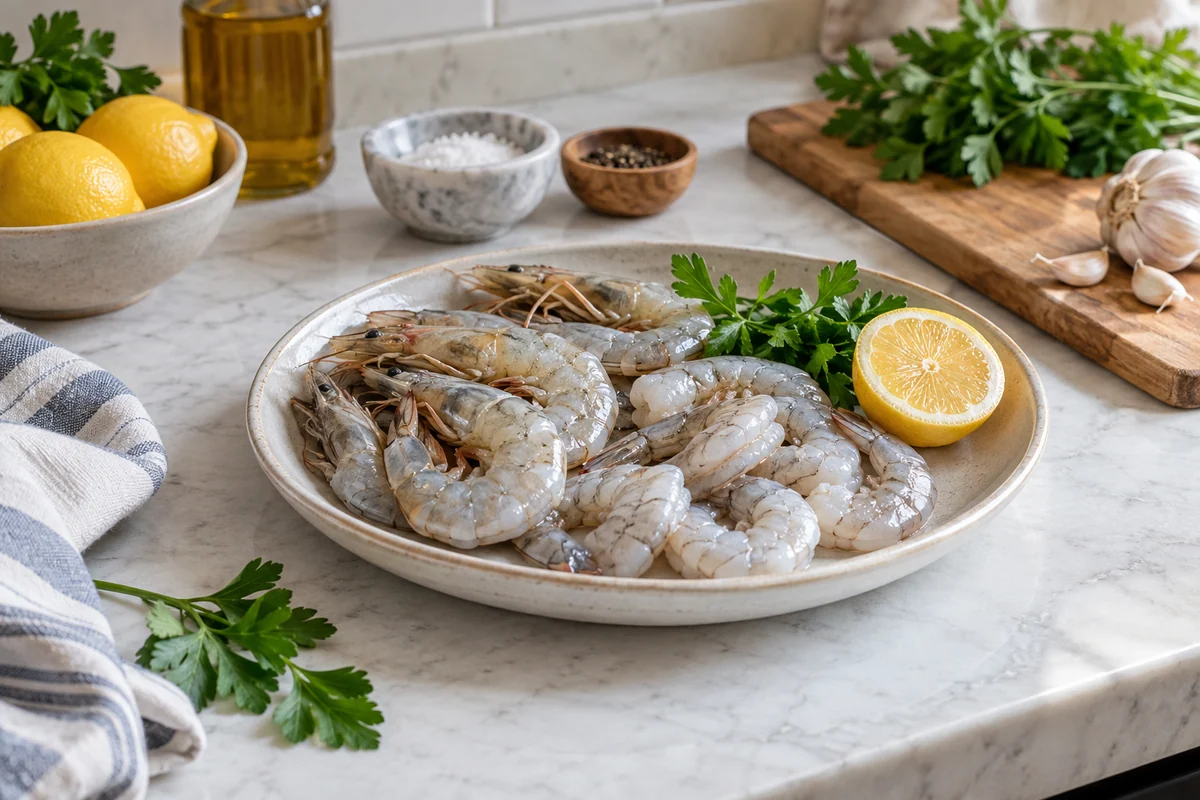 A shallow ceramic platter with raw gray shrimp, some shell-on and some peeled, a lemon half and a few parsley leaves nearby.