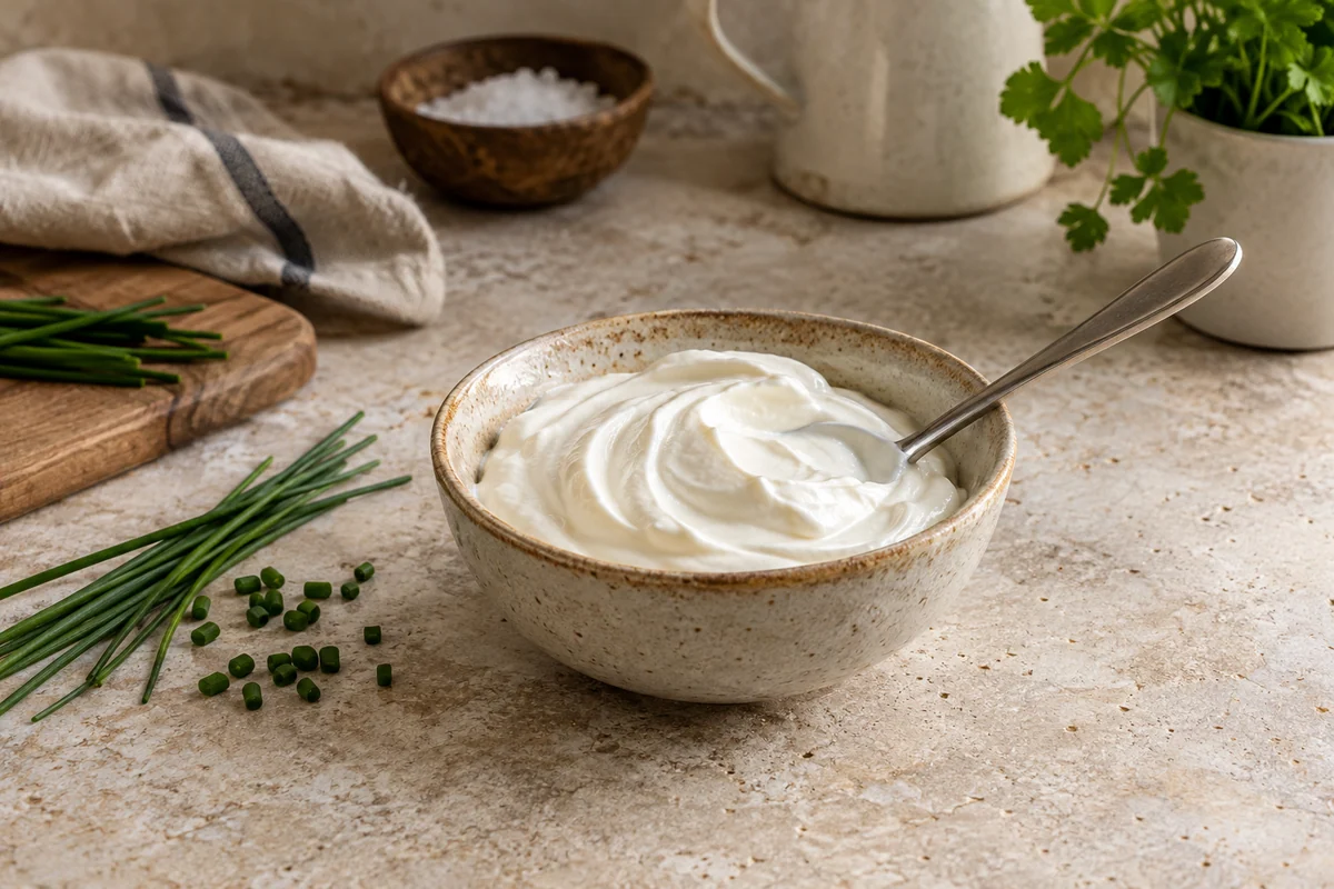 A small stoneware bowl of thick sour cream, a spoon resting in the bowl and a few fresh chives on the counter, warm neutral colors, no labels.