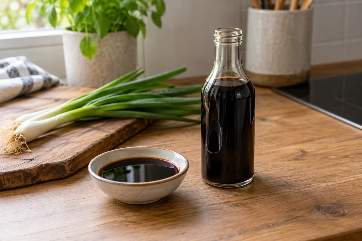 A small ceramic dish of dark soy sauce and an upright plain glass bottle without a label beside it, a few scallions resting on a wooden kitchen surface, reflective deep brown liquid.