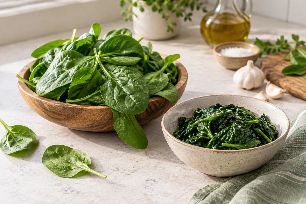 Fresh spinach leaves spilling naturally from a shallow wooden bowl next to a small dish of silky cooked spinach, both supported on a pale stone kitchen surface, soft green and cream palette.