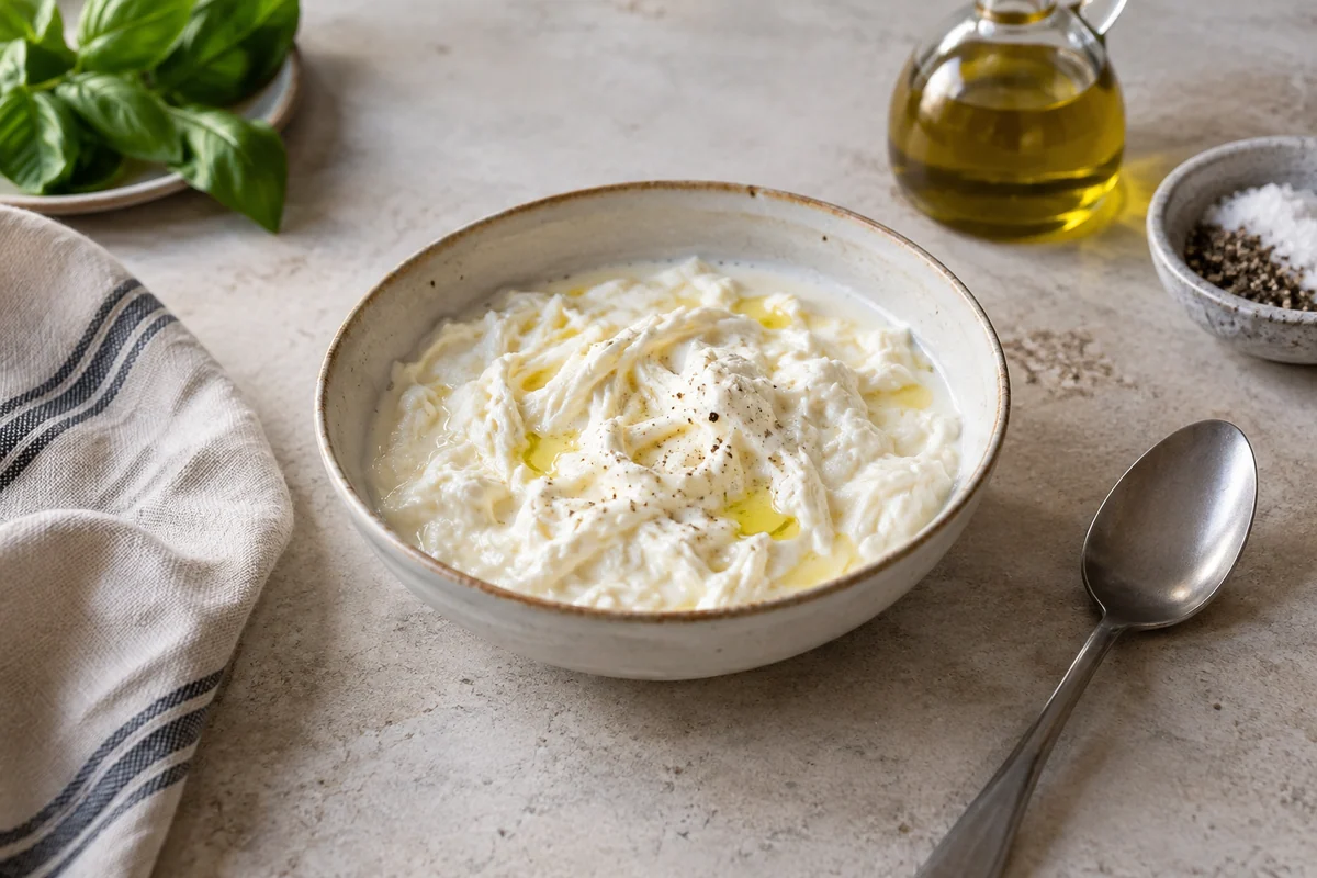Fresh stracciatella cheese in a shallow ceramic bowl, clearly showing delicate torn mozzarella strands suspended in cream, one spoon resting beside the bowl, pale stone countertop and soft light.