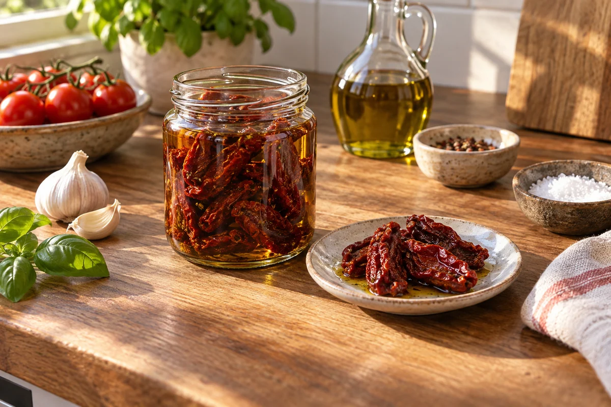 Sun-dried tomatoes with wrinkled burgundy surfaces in a small olive-oil-filled jar and a few drained pieces on a ceramic saucer, warm sunlit wooden counter, no label.