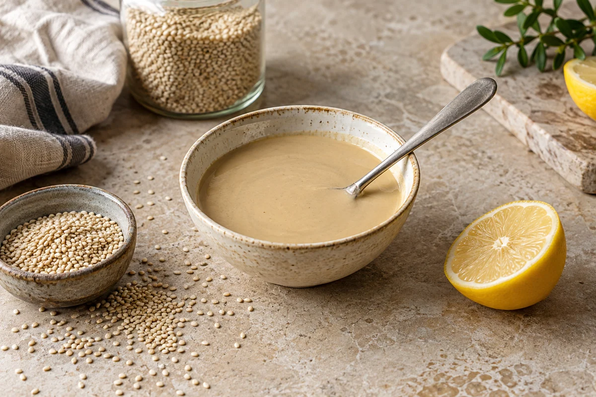 Tahini in a small ceramic bowl with a spoon resting inside it, a scattering of sesame seeds and a lemon half nearby, pale beige and warm stone colors.