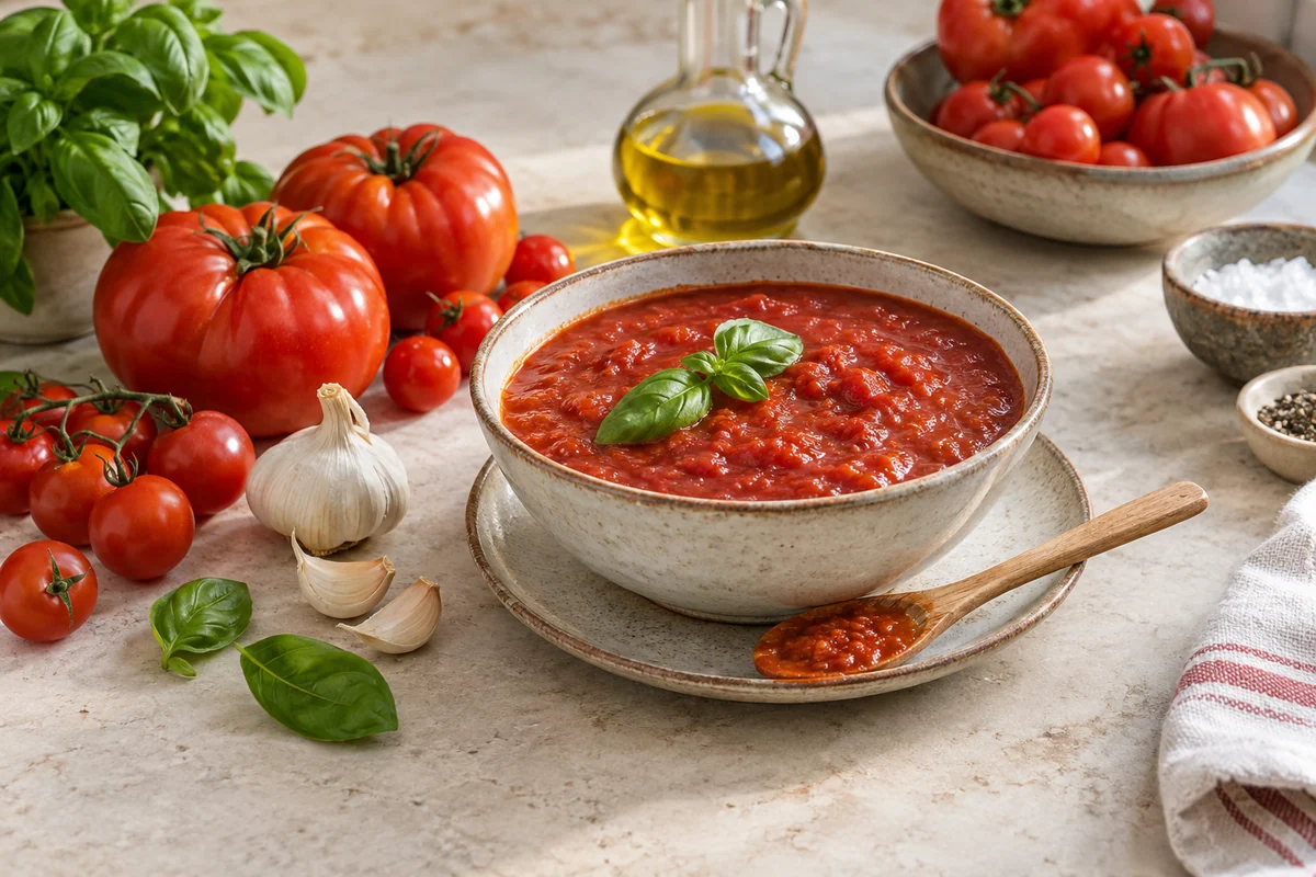Ripe tomatoes of several sizes, a bowl of richly red tomato sauce with a basil leaf and a wooden spoon resting on a saucer, pale stone kitchen surface.