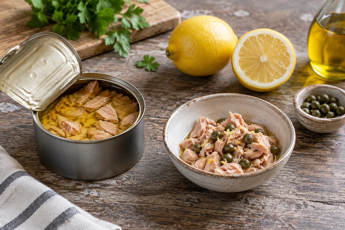 An opened unbranded tuna tin with substantial flaky tuna in olive oil and a small ceramic bowl containing a portion of the tuna, lemon and capers nearby on a rustic counter.