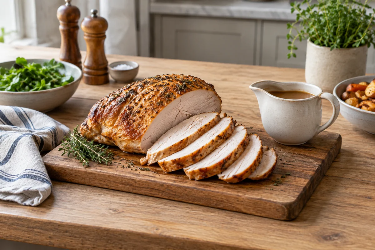 A modest roast turkey breast with a few tender slices on a wooden board next to a small jug of gravy.