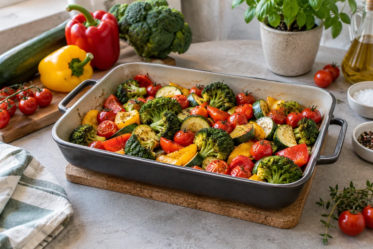 A shallow roasting tray with colorful cooked zucchini, bell pepper, cherry tomatoes and broccoli on a cork trivet, a few fresh vegetables nearby.