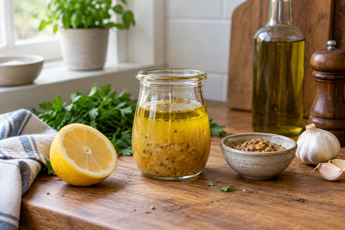 A small glass jar of golden vinaigrette, olive oil separated slightly at the top, a lemon half and a small mustard bowl on a wooden counter.