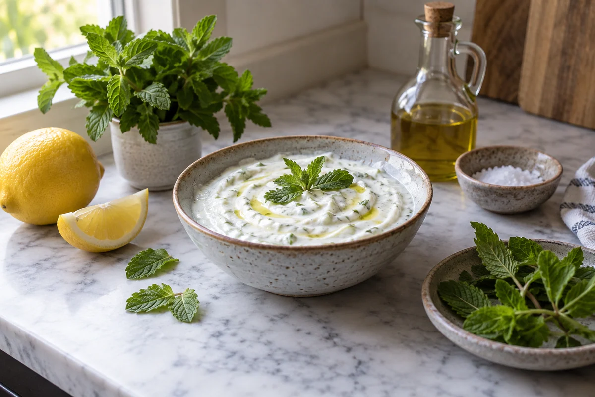 Thick plain yogurt sauce swirled in a small ceramic bowl with mint leaves and a lemon wedge nearby, cool soft light, quiet kitchen still life.