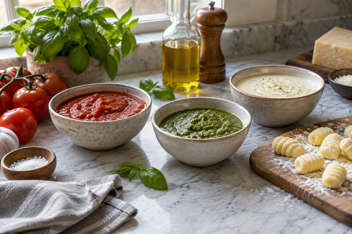 A kitchen tasting scene of three modest ceramic sauce bowls containing red tomato sauce, green basil pesto and ivory cream sauce, with a few uncooked potato gnocchi on a separate small board and fresh tomato and basil nearby.