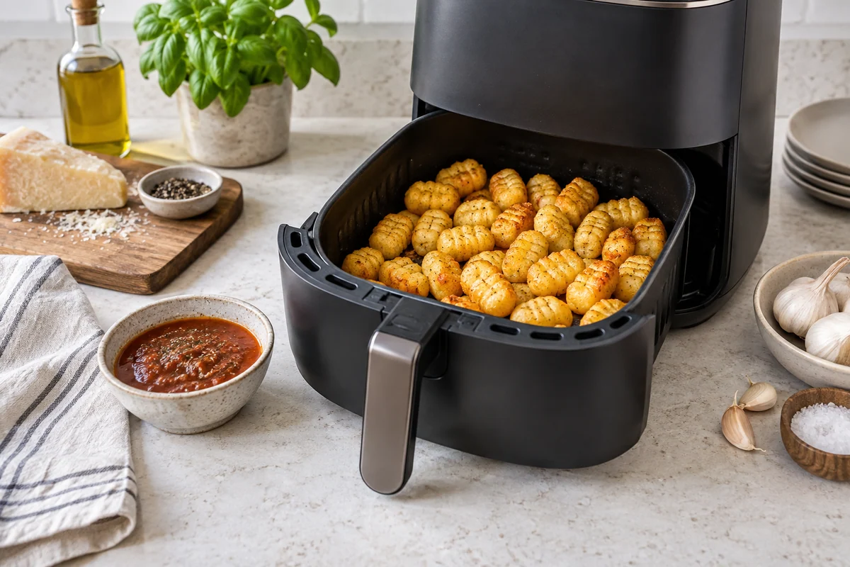 An open modern countertop electric air fryer drawer containing golden gnocchi, the appliance and drawer fully supported on a pale stone worktop.