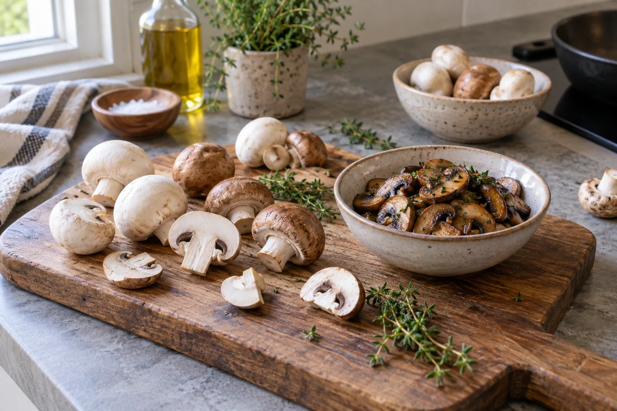 White button and brown cremini mushrooms, whole and halved, on a wooden cutting board with a modest bowl of browned sliced mushrooms nearby.