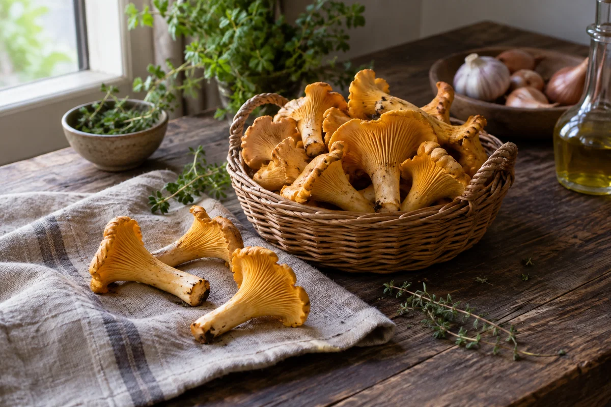 Fresh golden chanterelle mushrooms with their folded ridges visible in a small basket on a dark wooden kitchen table, a few stems on a linen cloth, soft woodland-like window light.