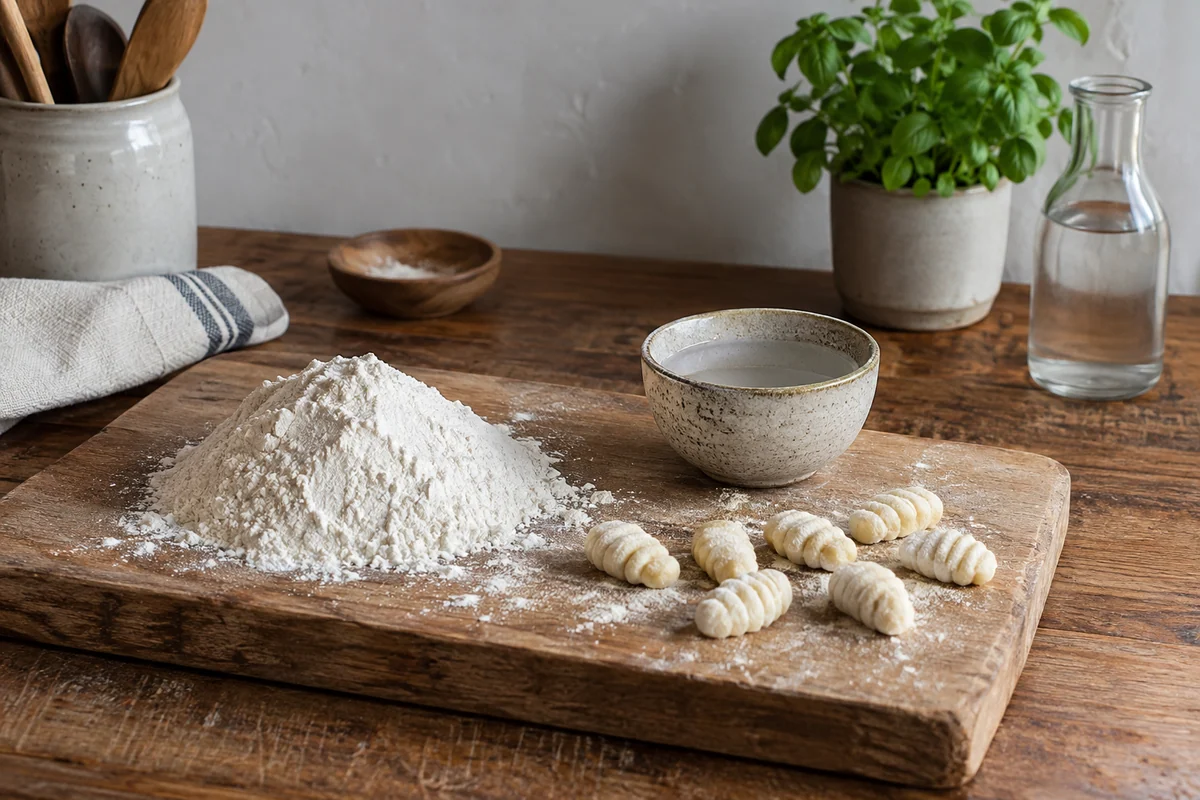 A simple mound of white flour with a small pool of water in a ceramic cup and a few firm ivory flour-and-water gnocchi on a wooden pastry board.
