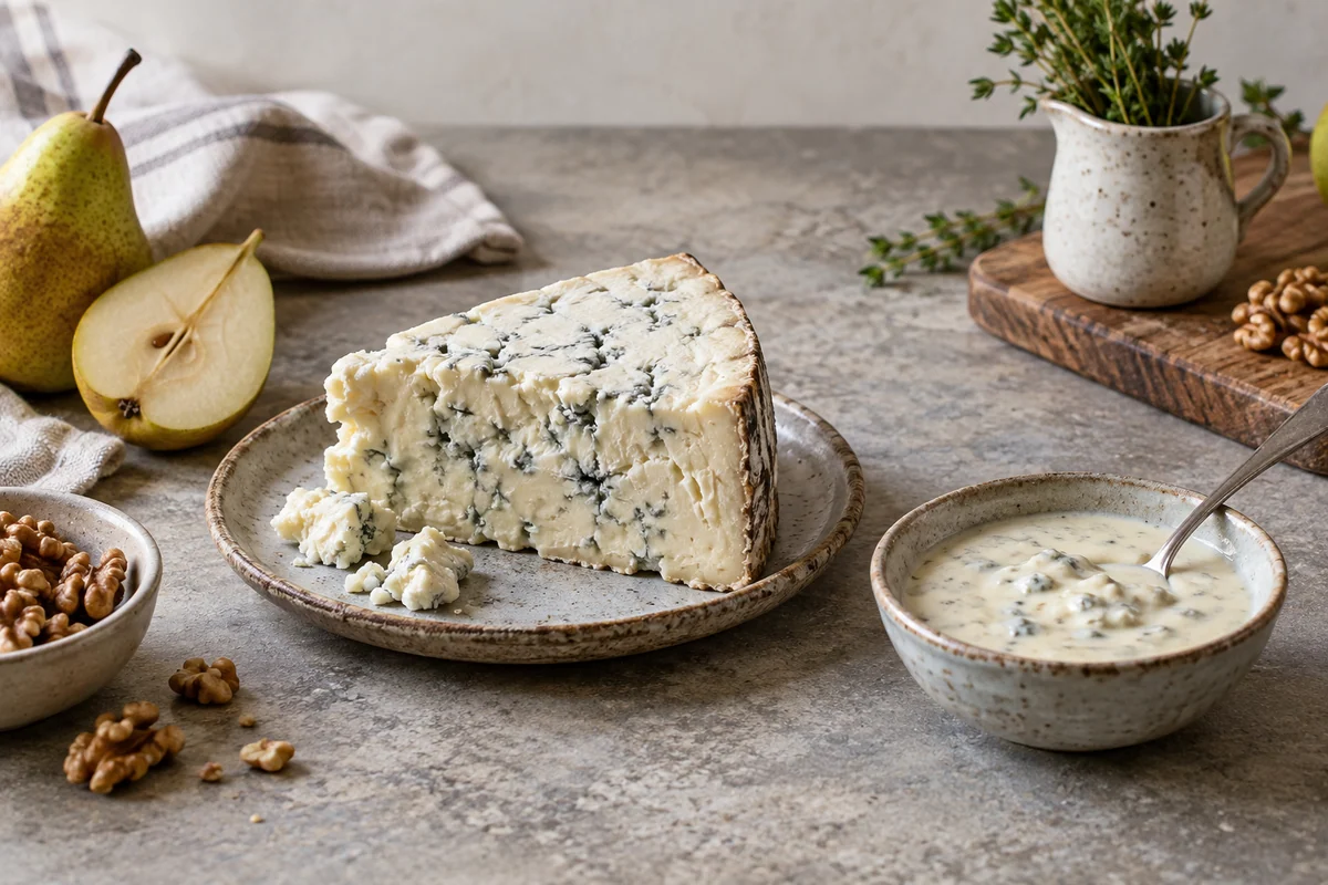 A creamy blue-veined Gorgonzola wedge and a spoonful of pale blue-cheese sauce on separate small stoneware dishes, pear and walnut hints at the edge, restrained still life.