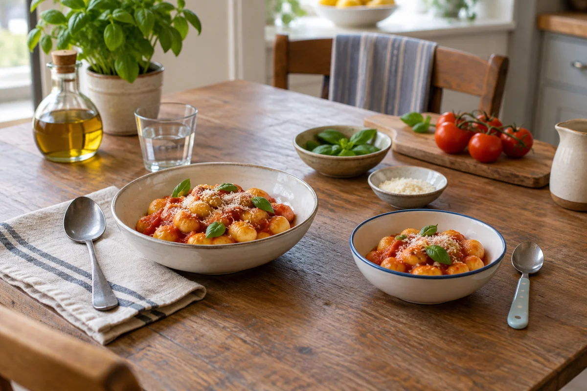 Two modest small bowls of simple tomato gnocchi set on a family kitchen table, one adult and one child-sized spoon resting beside them, no people, no toys, ordinary welcoming lunch setting.