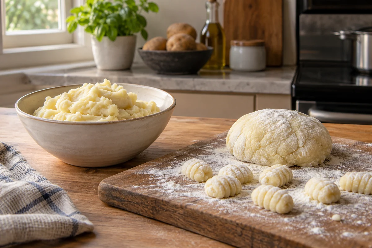 A simple ceramic bowl of plain leftover mashed potatoes beside a small mound of potato gnocchi dough and a few uncooked gnocchi on a lightly floured board.