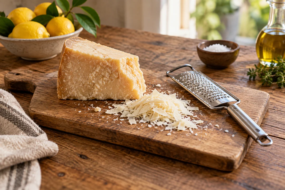 A wedge of aged Parmesan with its grainy broken edge, a small loose pile of shavings and a hand grater lying flat on a wooden board.