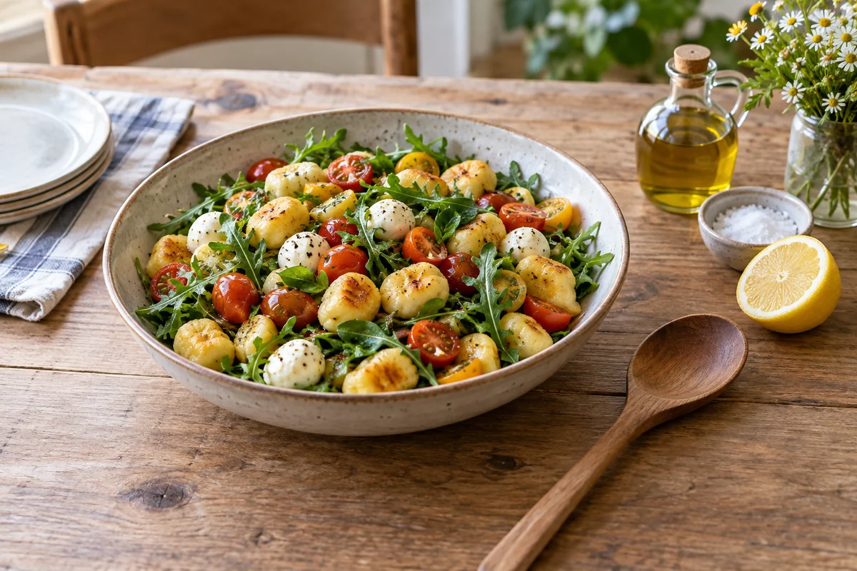 A large shallow serving bowl of a colorful gnocchi salad with cherry tomatoes, greens and a few mozzarella pieces on a picnic-style kitchen table, a lemon half and simple serving spoon resting beside it.