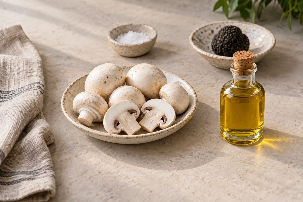 A small bottle of truffle oil beside button mushrooms, with a whole truffle in the background.