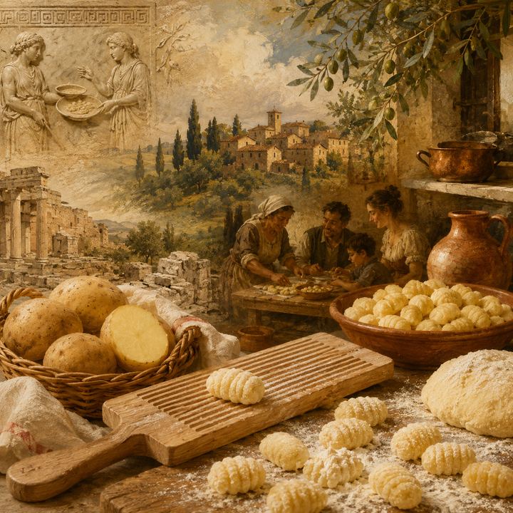 Illustration of a family shaping gnocchi at a table with an Italian village in the distance