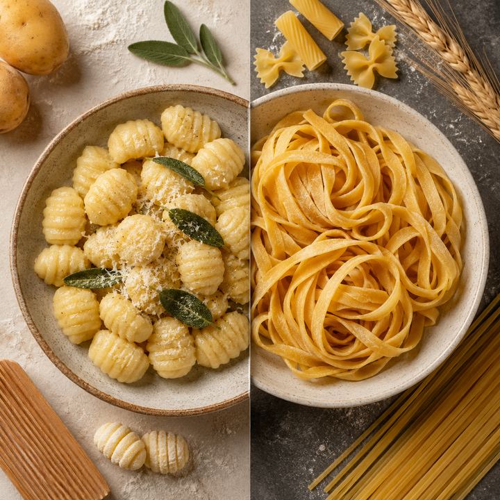 Split image with sage gnocchi on the left and ribbon pasta on the right