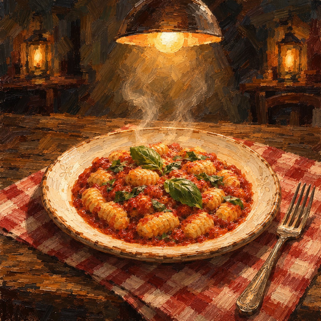 Painted scene of gnocchi in tomato sauce with basil on a red checked cloth