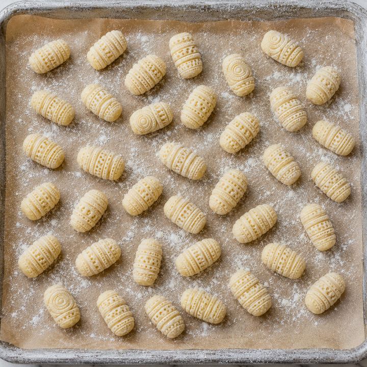Ridged gnocchi arranged in one layer on a floured sheet pan