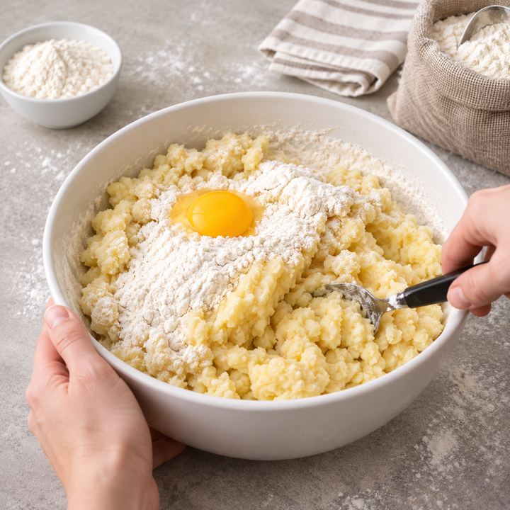 Mixing a potato base with flour and egg yolk in a bowl