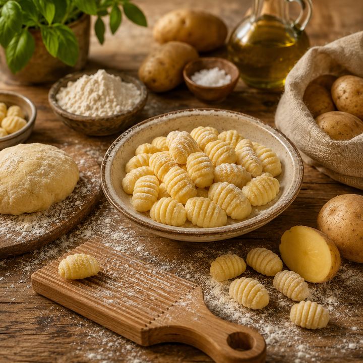 Uncooked gnocchi in a bowl with potatoes, flour, and a gnocchi board