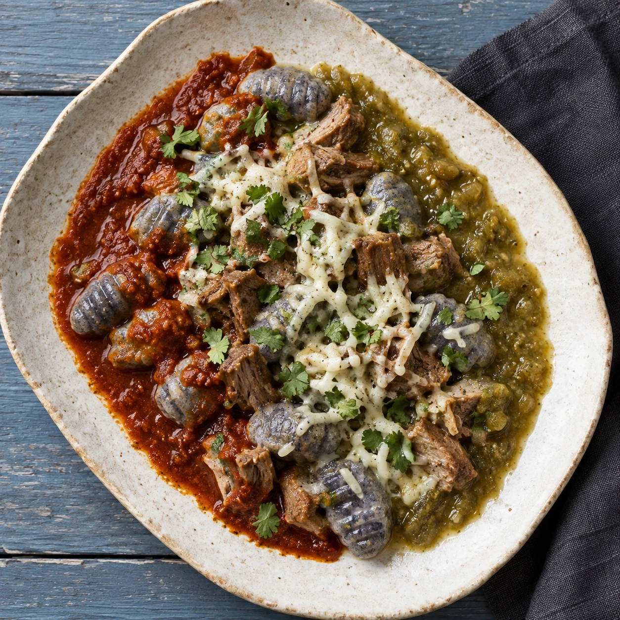 Blue Corn Gnocchi with Red and Green Chile