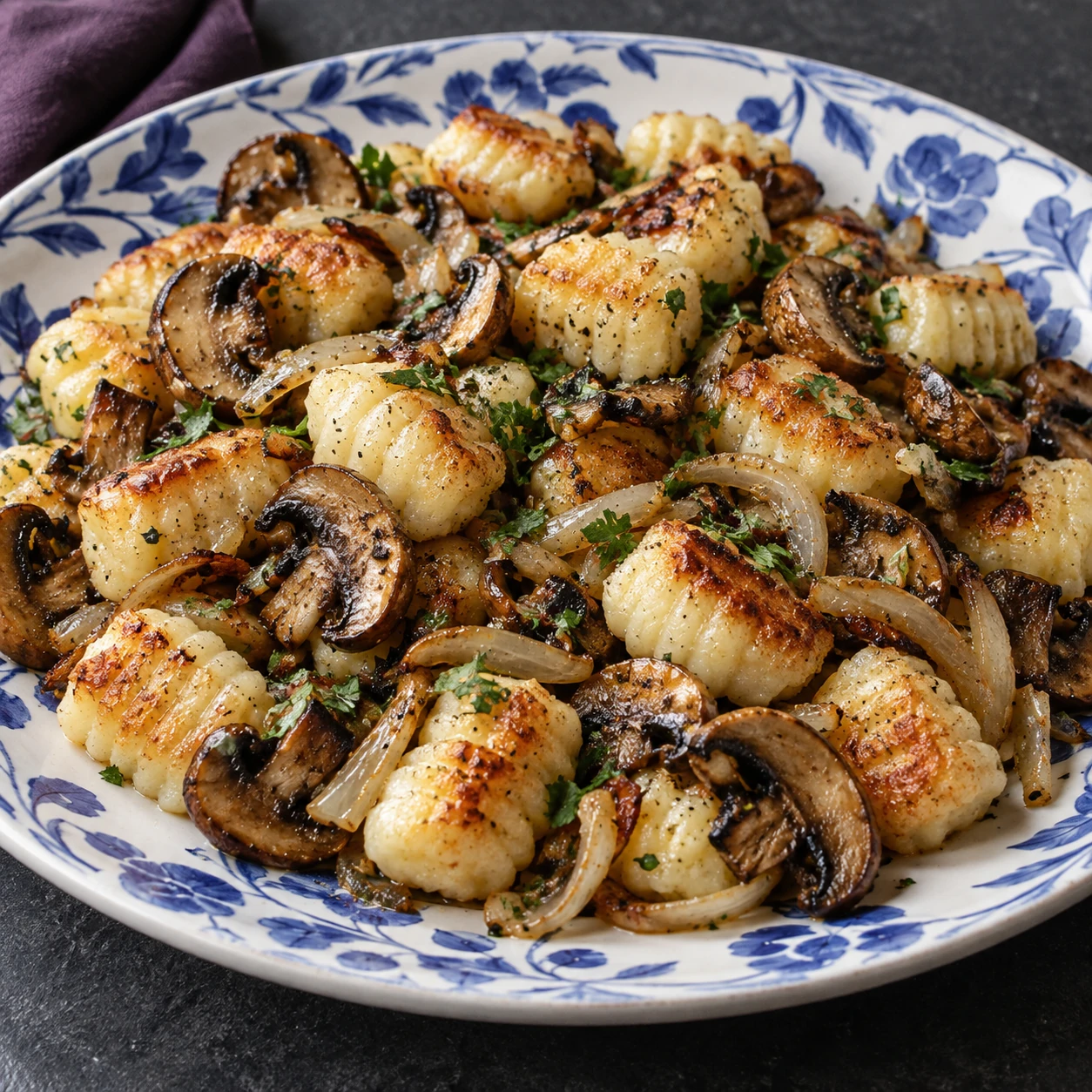 Crispy Gnocchi with Mushrooms and Onions