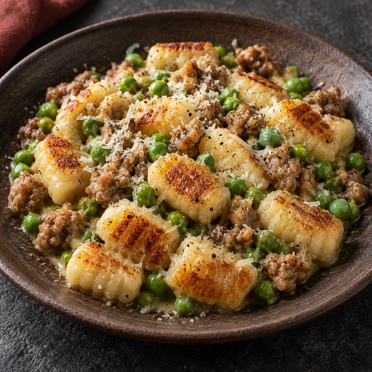 Crispy Gnocchi with Sausage, Peas and Dijon