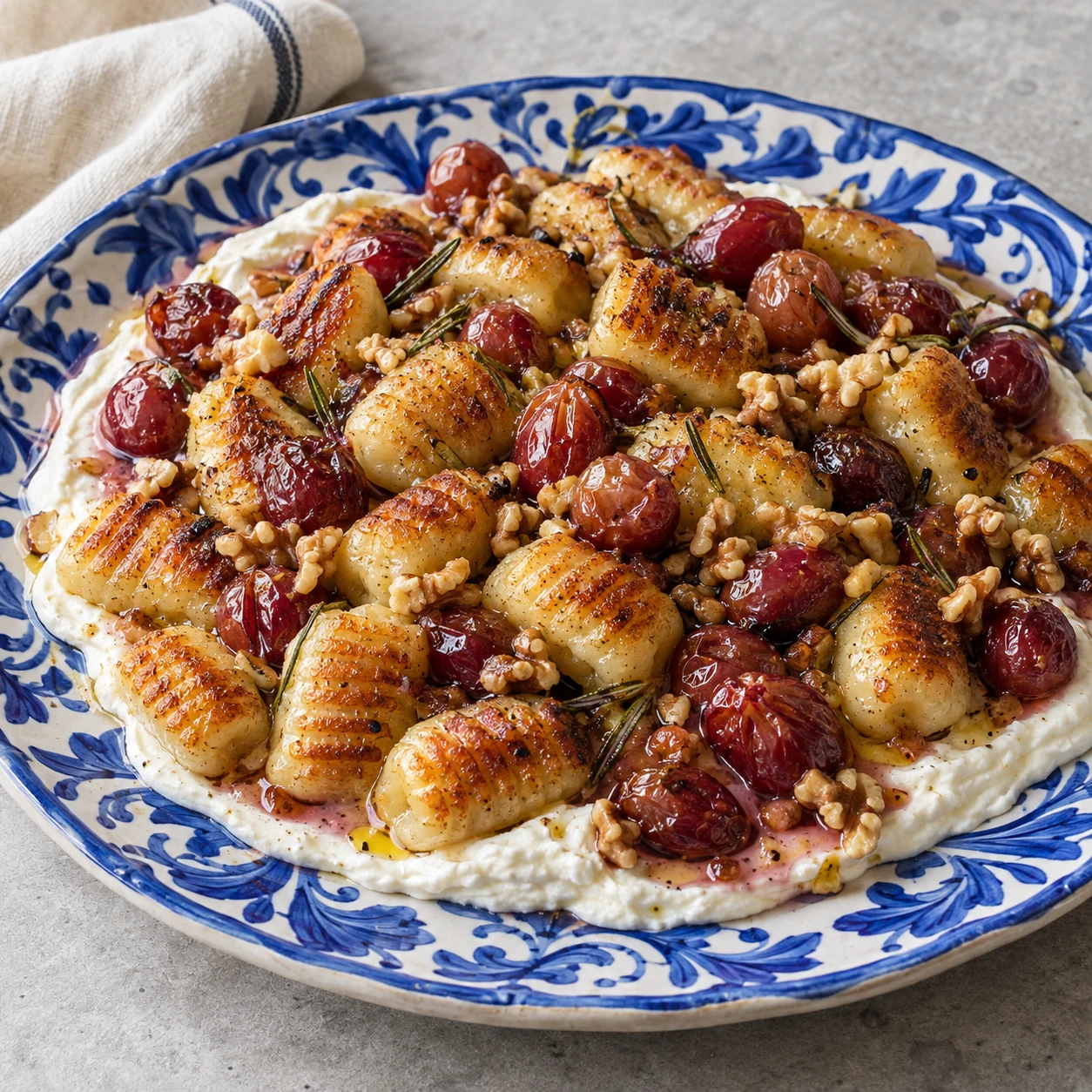 Crispy Gnocchi with Whipped Feta and Roasted Grapes