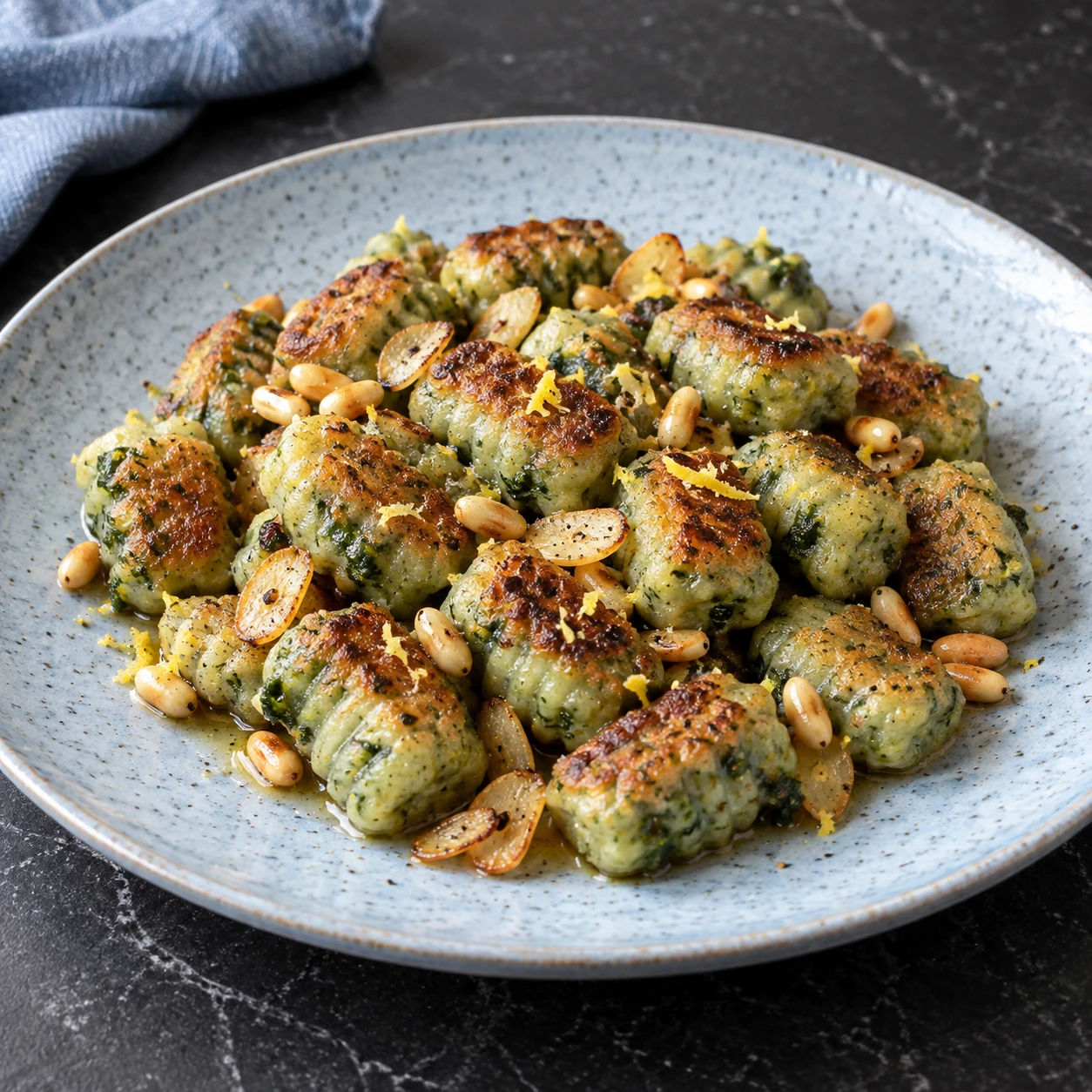 Crispy Homemade Kale Gnocchi with Lemon and Pine Nuts