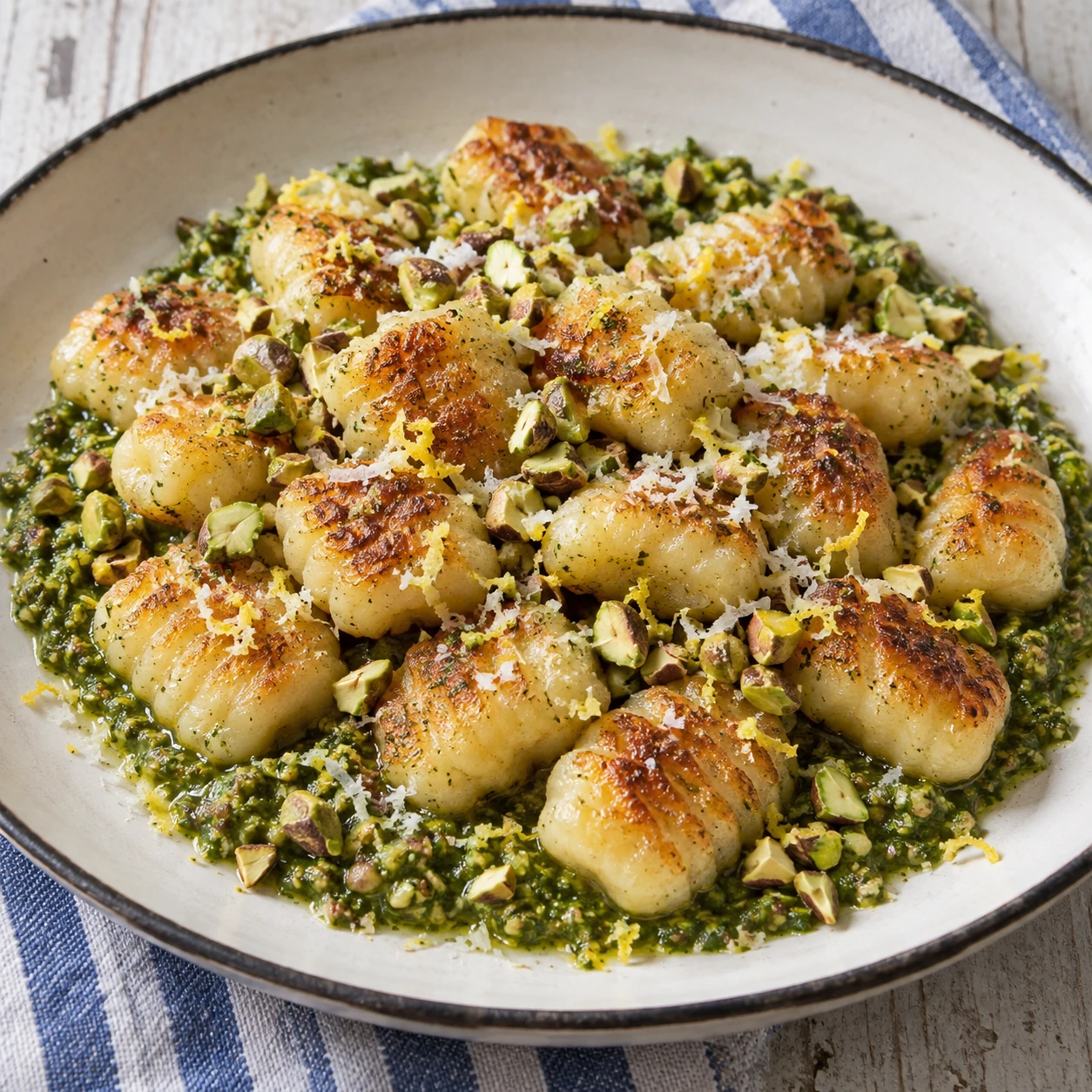 Crispy Potato Gnocchi with Green Pistachio Pesto