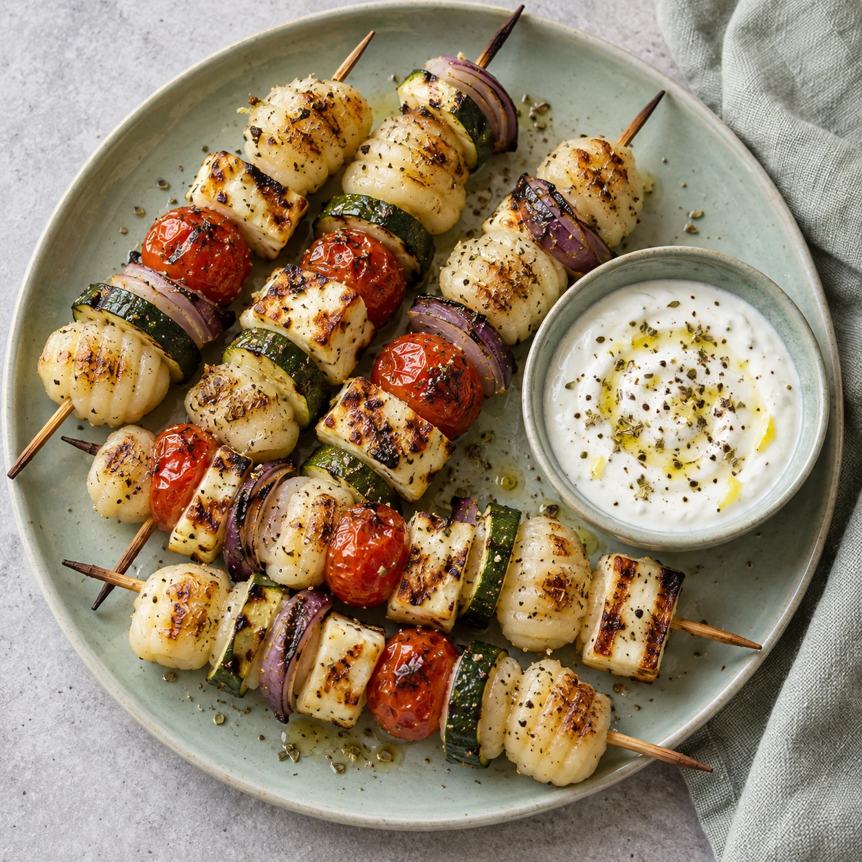 Gnocchi and Halloumi Skewers with Lemon Yogurt