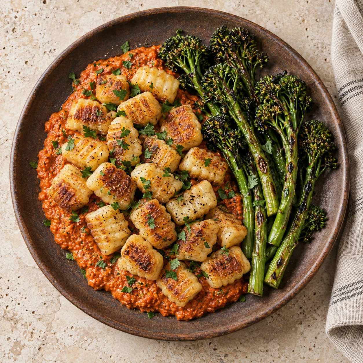 Gnocchi with Romesco and Charred Broccolini