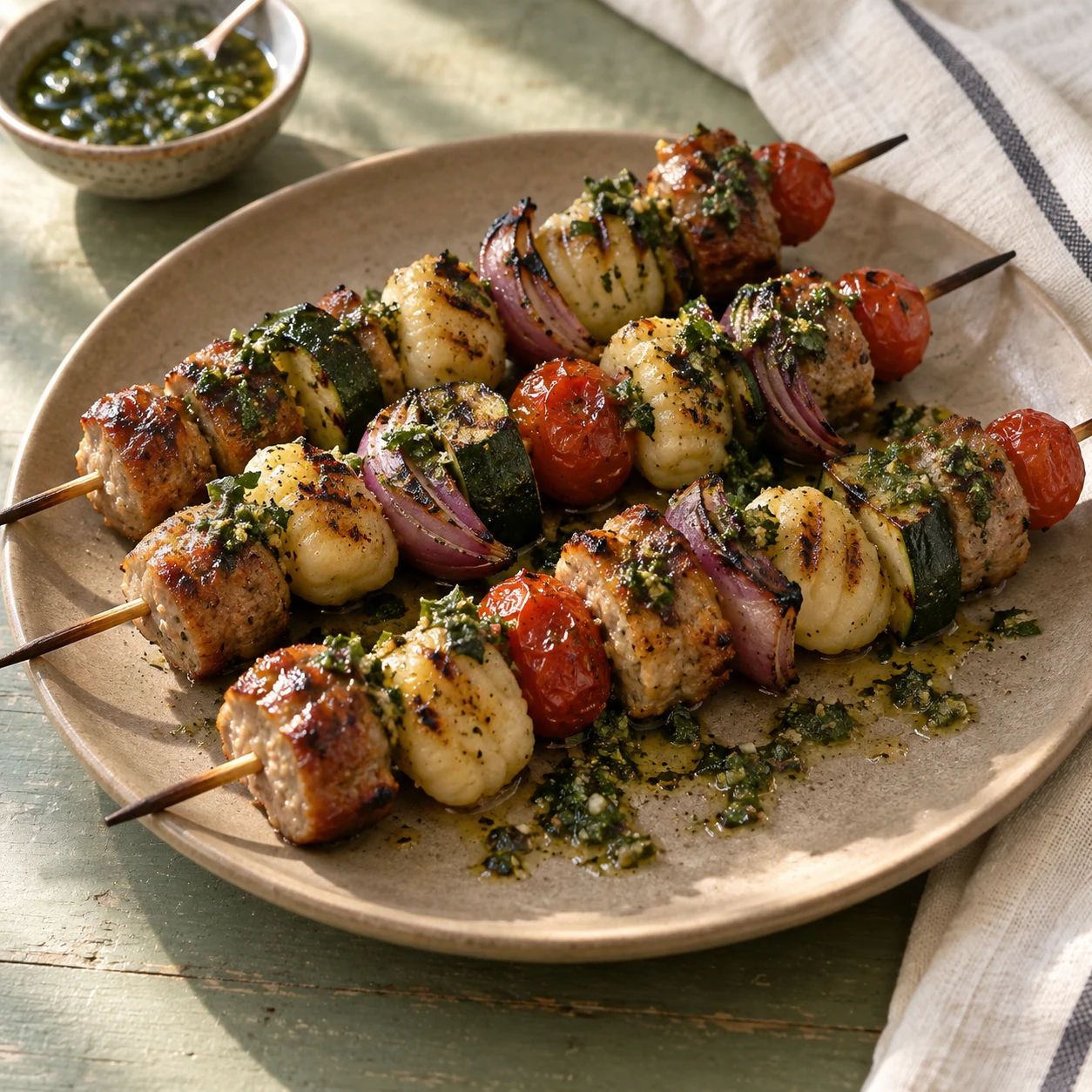 Grilled Gnocchi and Sausage Skewers with Chimichurri