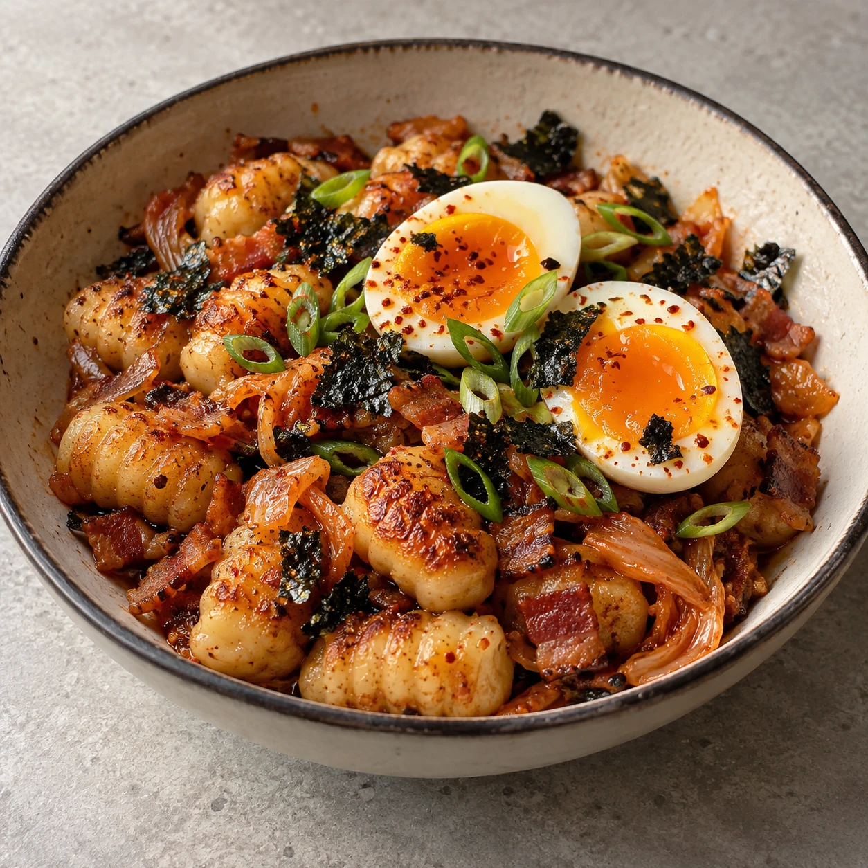 Kimchi Fried Gnocchi with a Jammy Egg