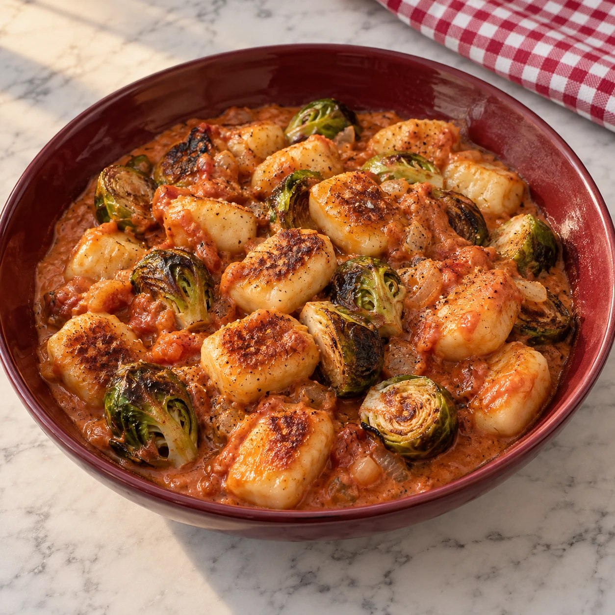 Mozzarella Gnocchi with Vodka Sauce and Brussels Sprouts