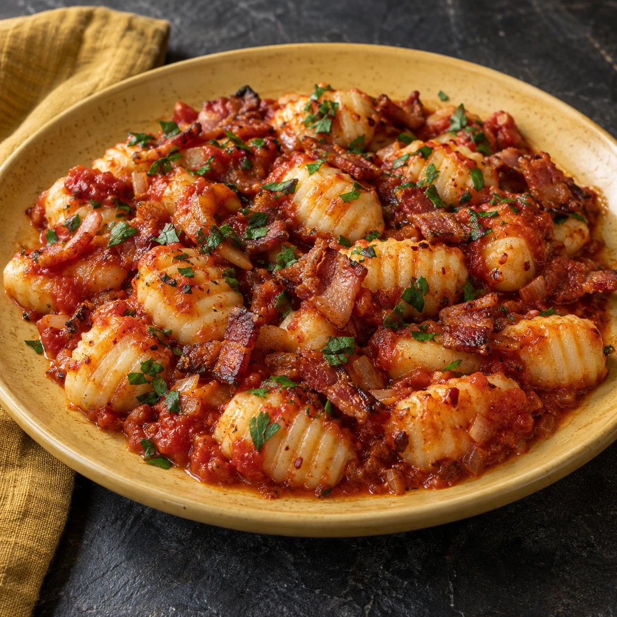 Potato Gnocchi with Spicy Tomato Sauce and Bacon