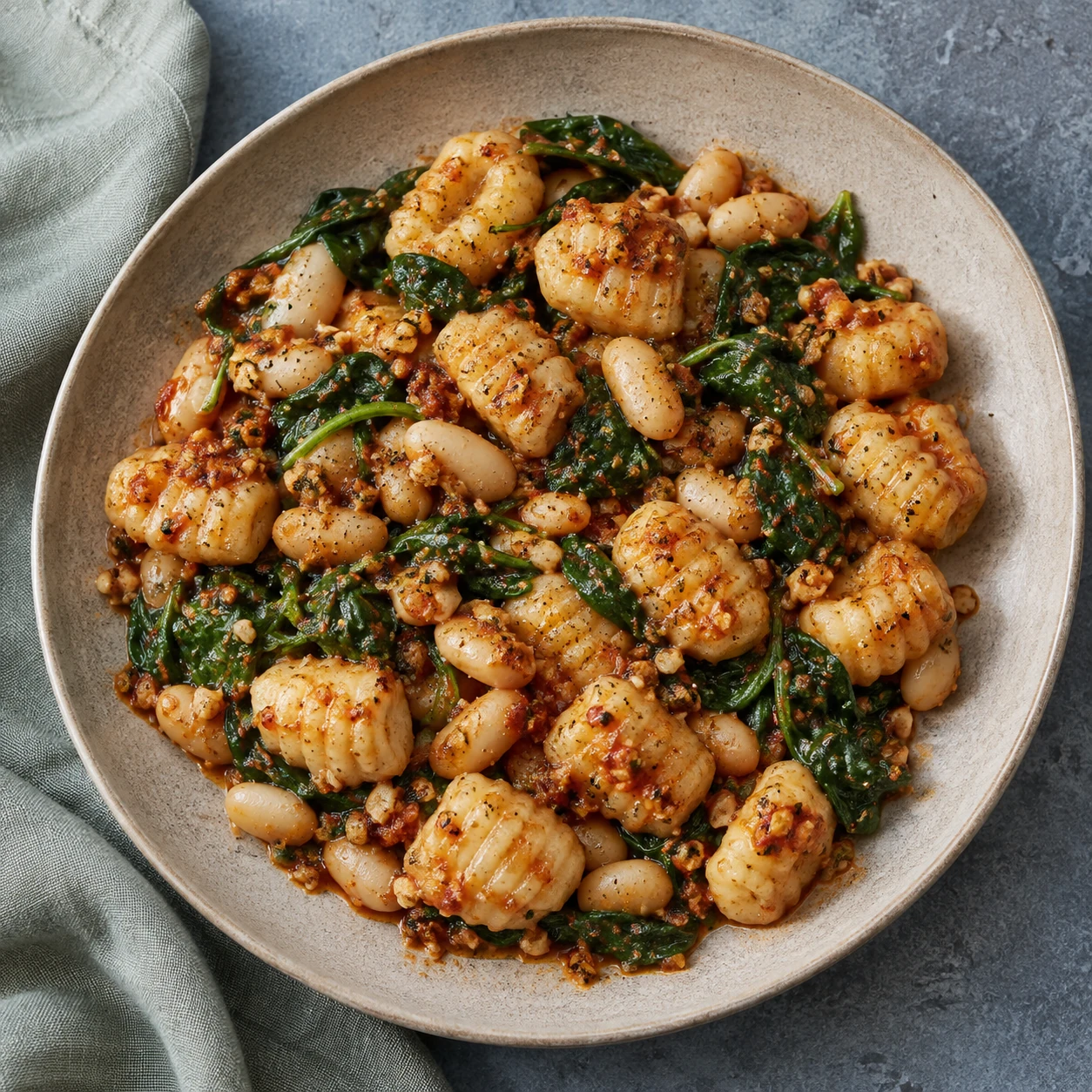 Potato Gnocchi with Sun-Dried Tomato Pesto, White Beans, and Spinach